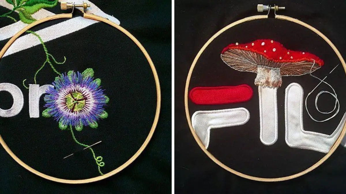 Cet artiste brode des fleurs à côté des logos de marques de sport