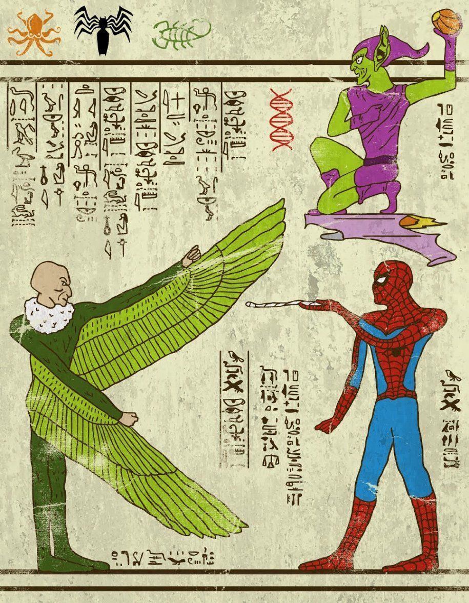 Spider-Man et ses ennemis version hiéroglyphes - "Hero-Glyphic" par Josh Ln