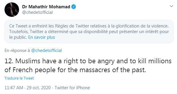 Twitter censure l’ex-Premier ministre de Malaisie après un appel au meurtre de Français sans suspendre son compte