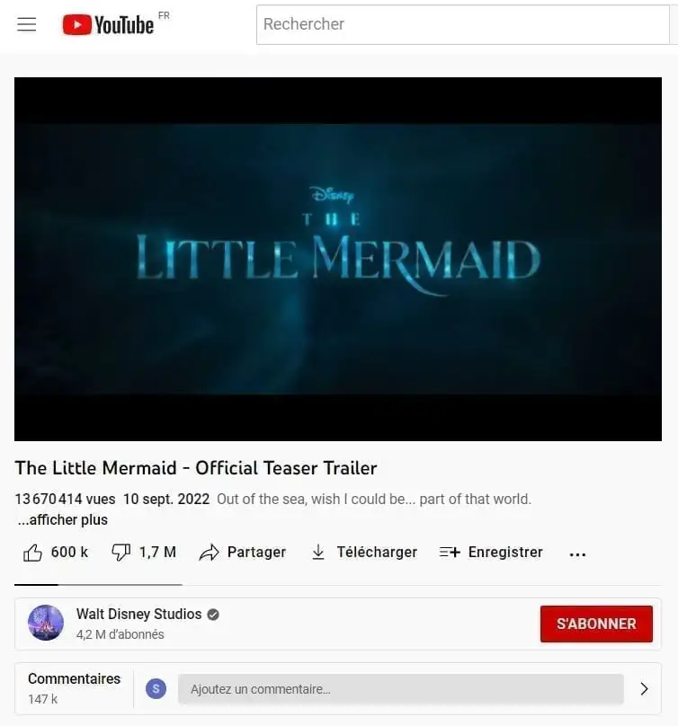 La bande annonce de La Petite Sirène reçoit 1,7 millions de pouces rouges #2