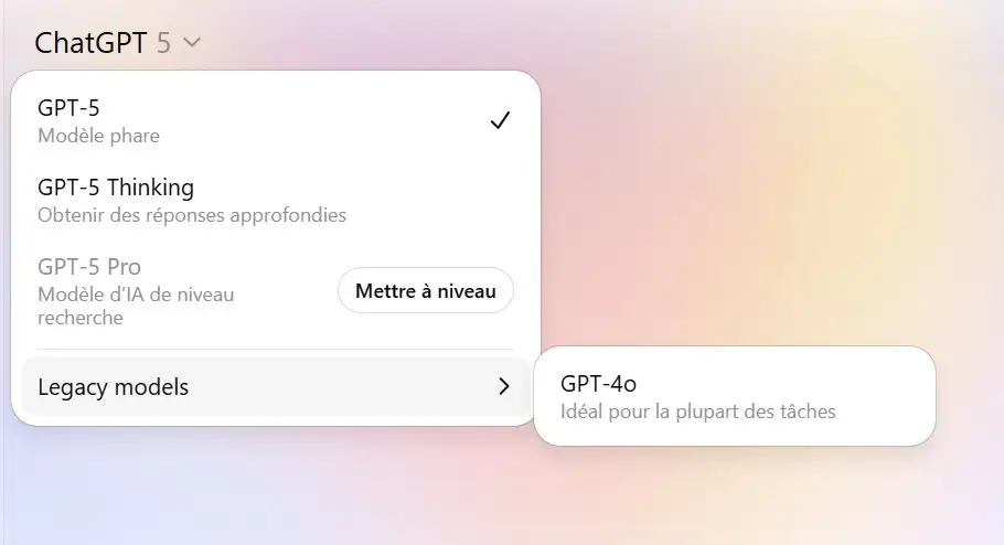 GPT-5 : comment récupérer GPT-4o dans le sélecteur de modèles ?